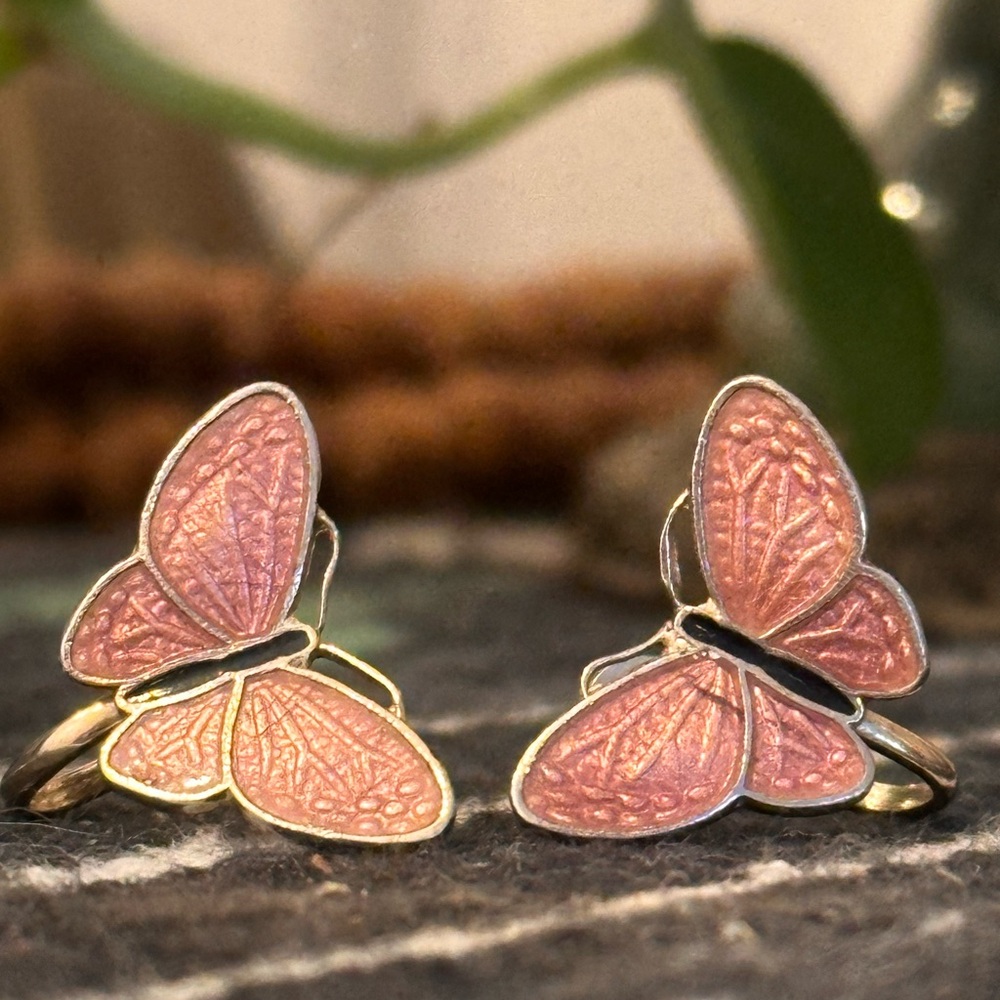 Vintage Enamel Pink Butterfly Screw Back Earrings